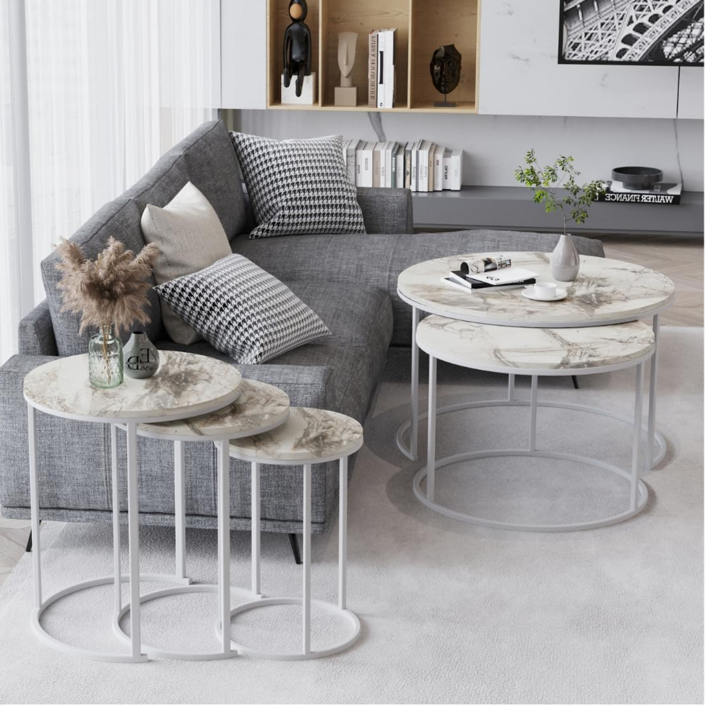 Tables d’appoint gigognes rondes Paris lot de 3 marbre blanc structure métal blanc