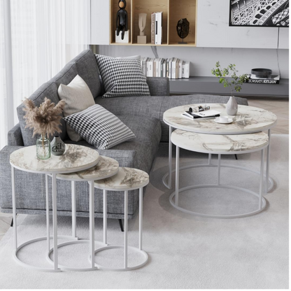 Tables d’appoint gigognes rondes Paris lot de 3 marbre blanc structure métal blanc