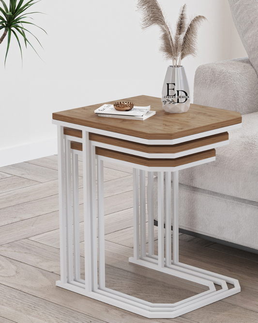 Tables d’appoint gigognes Lyon bois clair – structure blanche – lot de 3 – design moderne et fonctionnel