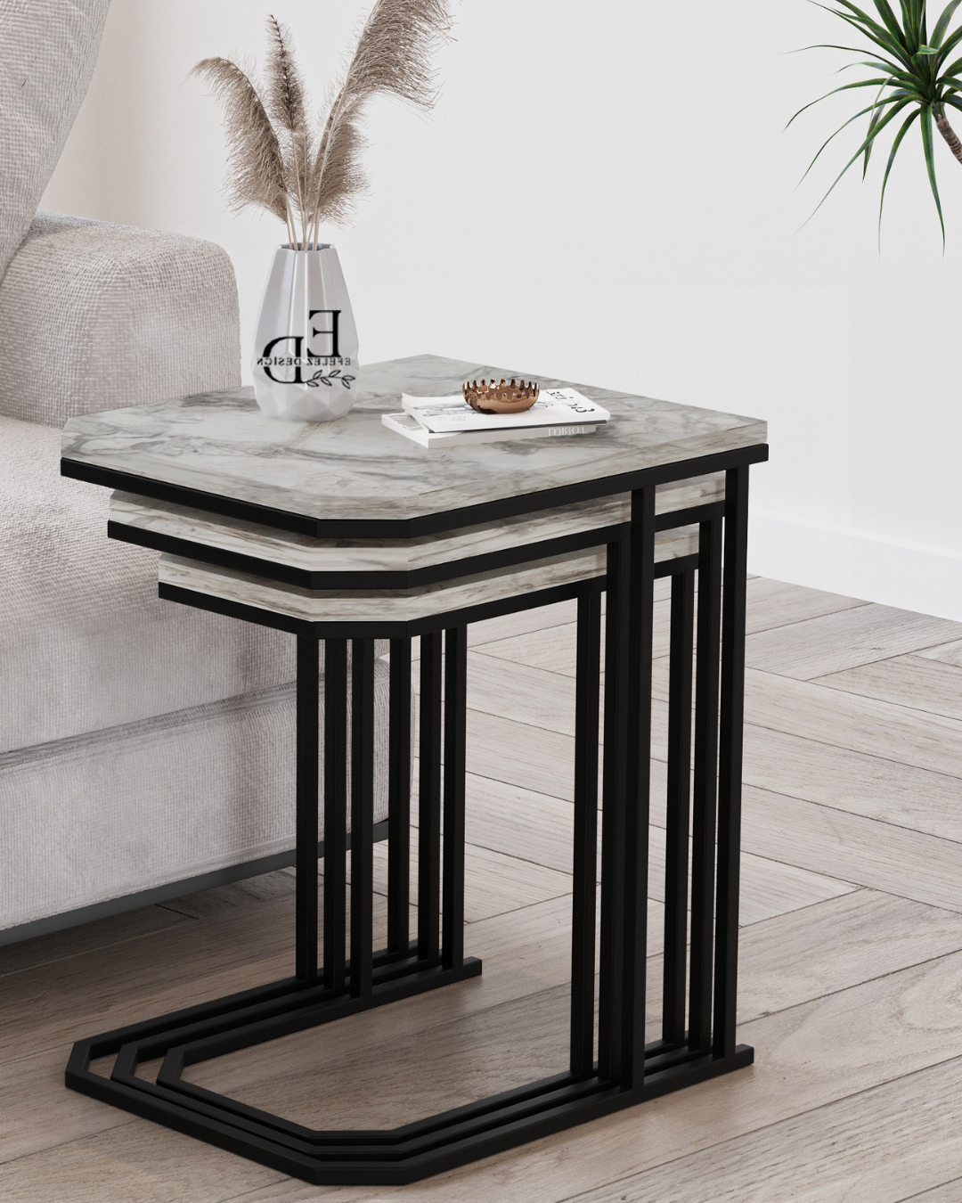 Tables gigognes Lyon lot de 3 – Marbre blanc & structure noire – Design moderne empilable