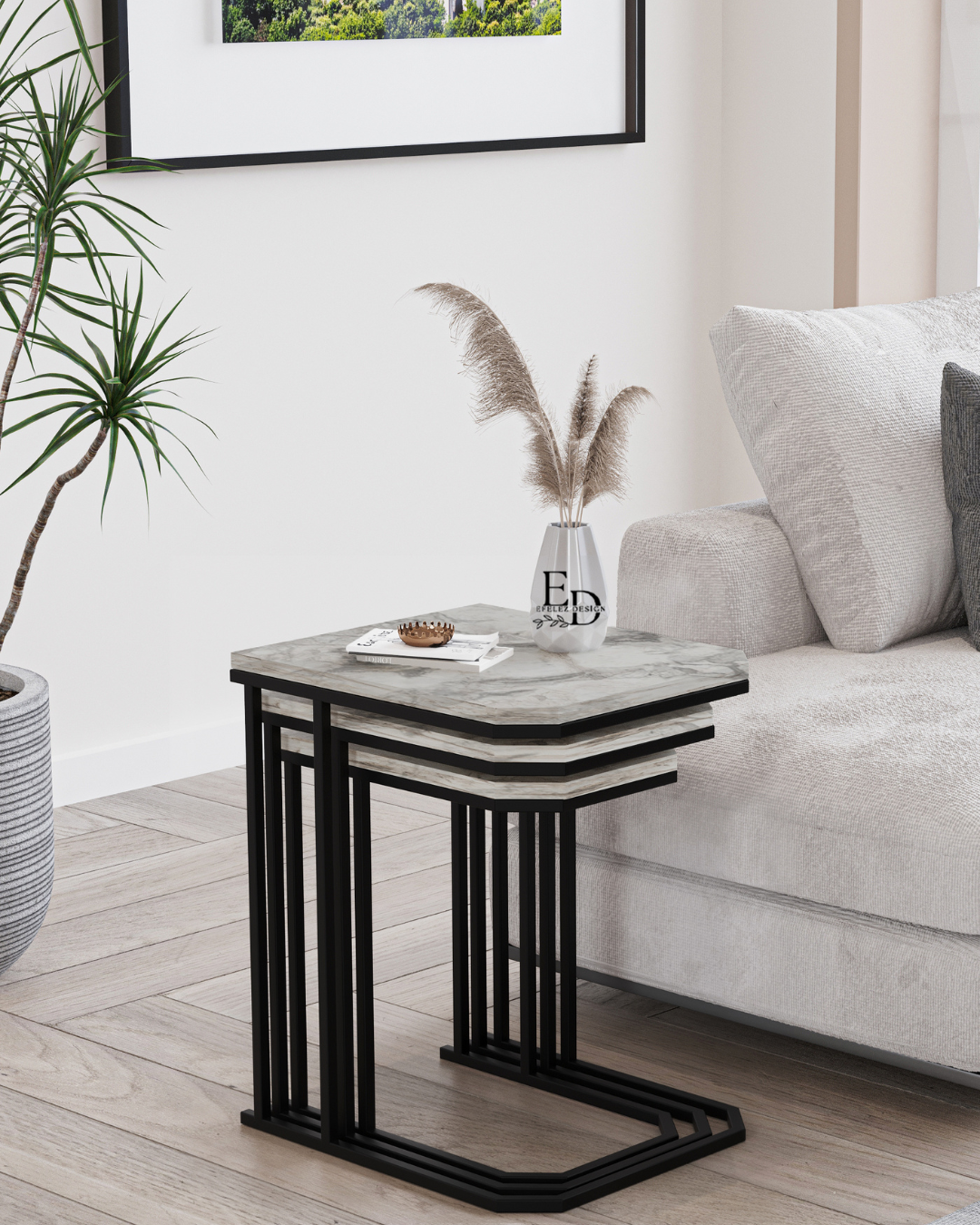 Tables gigognes Lyon lot de 3 – Marbre blanc & structure noire – Design moderne empilable