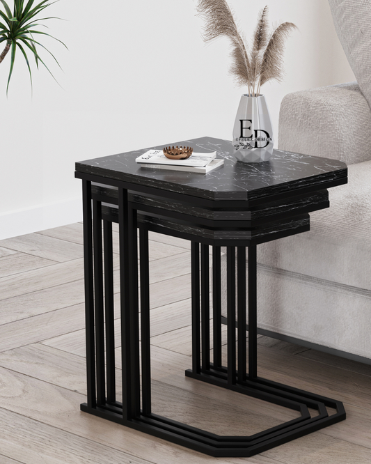 Tables d'appoint gigognes Lyon (lot de 3) – Plateau marbre noir, structure noire, design empilable