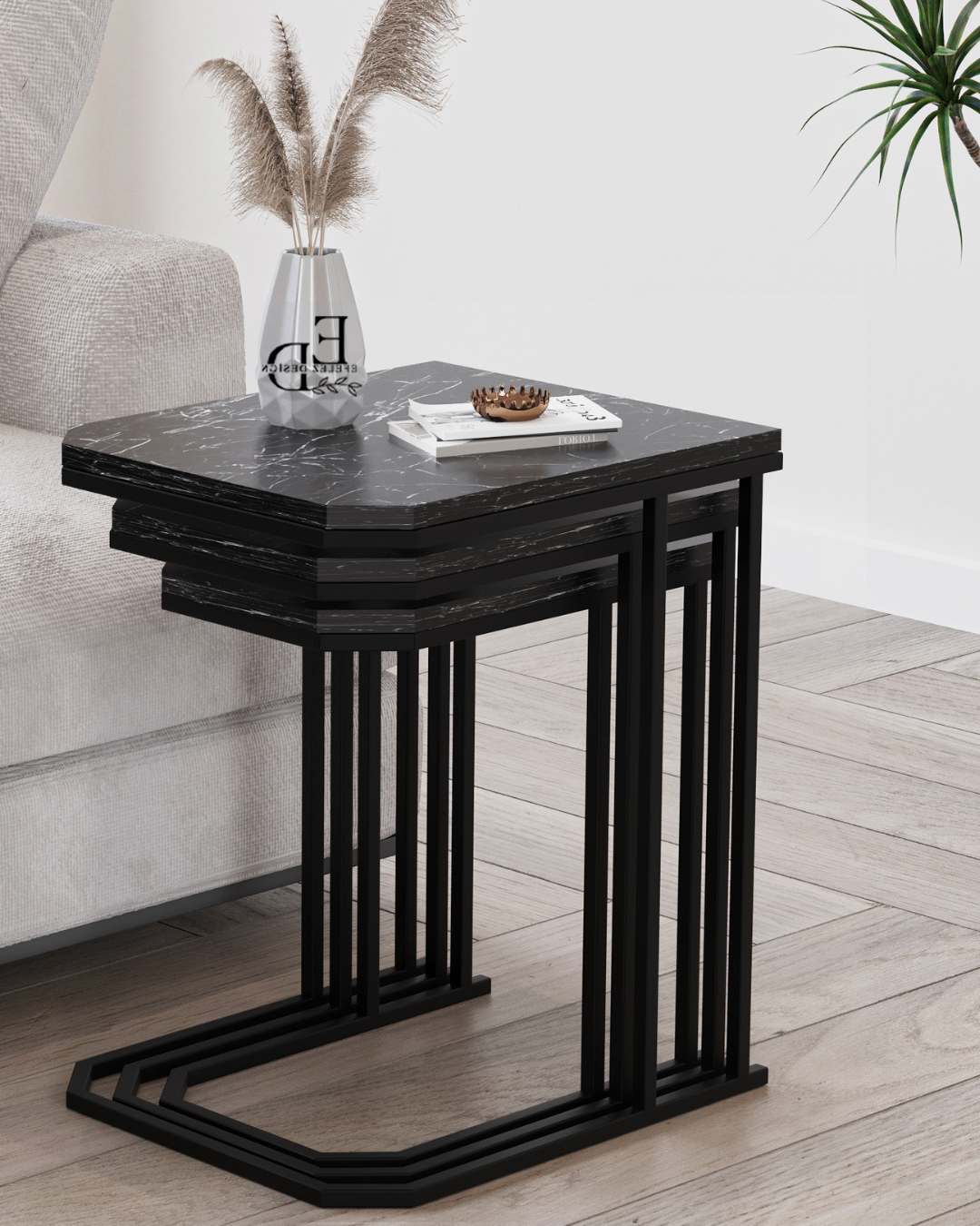 Tables d'appoint gigognes Lyon (lot de 3) – Plateau marbre noir, structure noire, design empilable