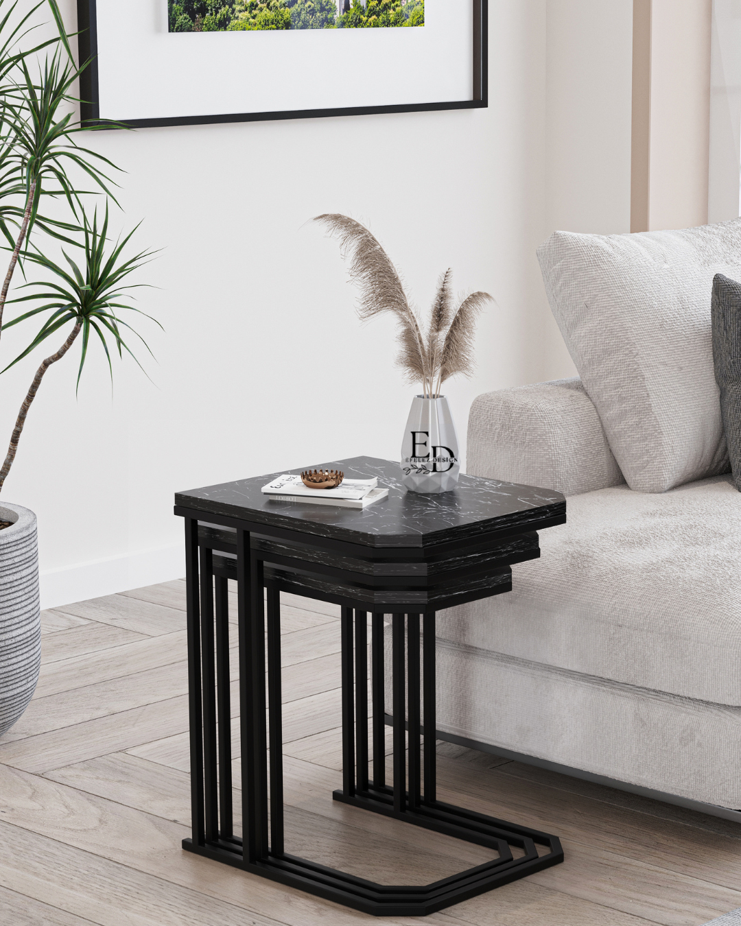Tables d'appoint gigognes Lyon (lot de 3) – Plateau marbre noir, structure noire, design empilable