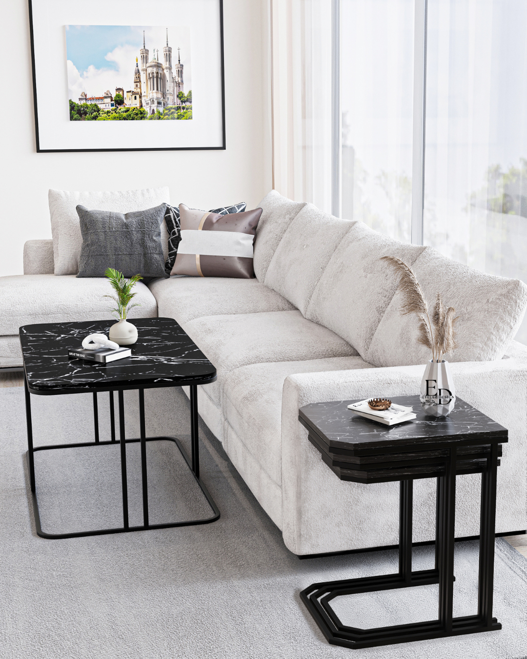 Tables d'appoint gigognes Lyon (lot de 3) – Plateau marbre noir, structure noire, design empilable