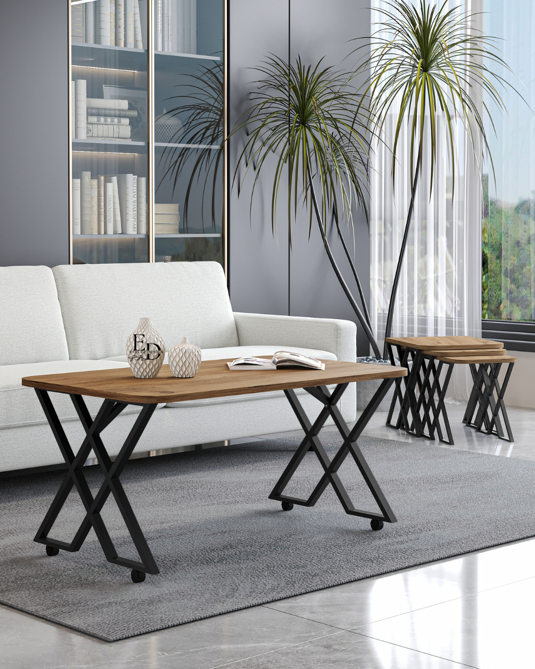 Table basse rectangulaire Milano - Plateau bois clair 100x60 cm - Pieds en métal blanc en croix - Avec roulettes ou bouchons - EMIDECO