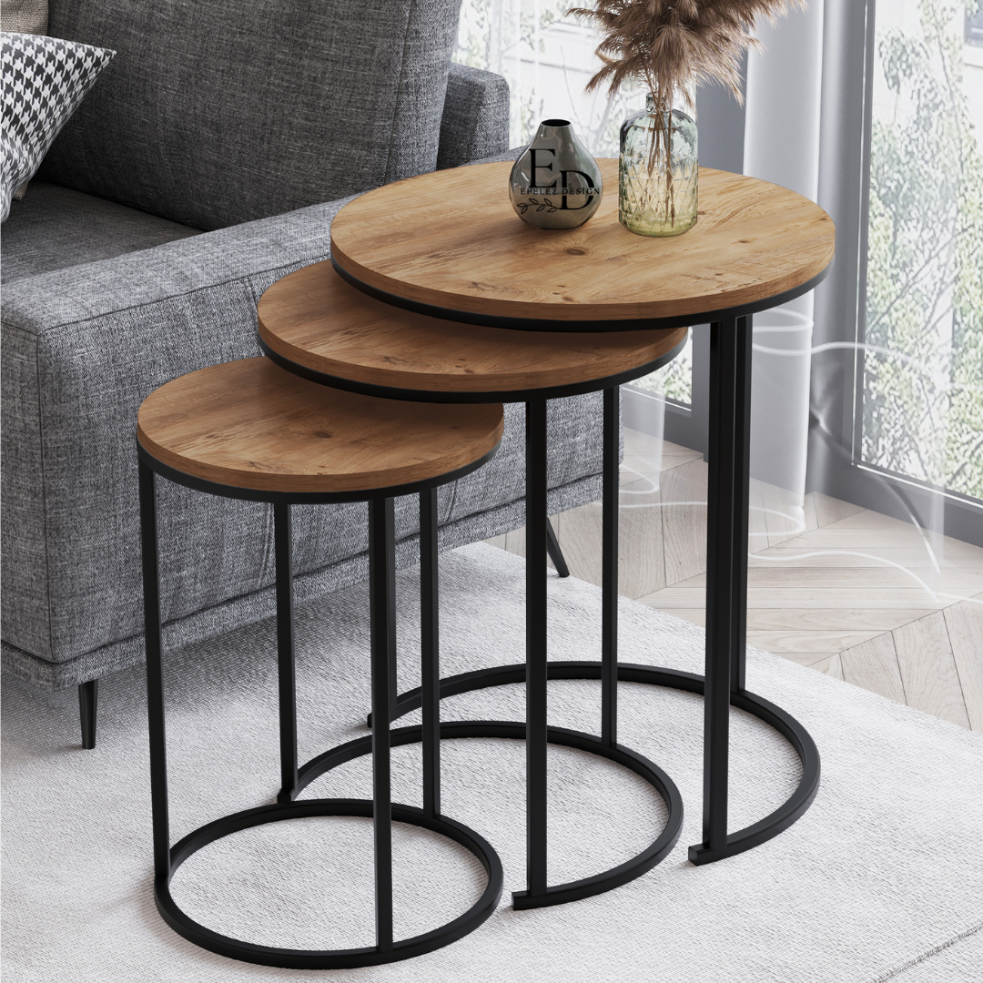 Tables gigognes rondes Paris (lot de 3) – Bois clair et structure noire – Design moderne empilable