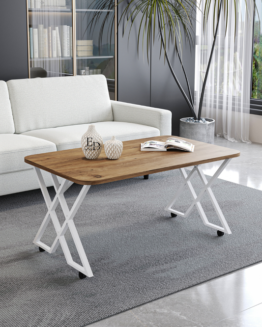 Table basse rectangulaire MILANO – Plateau bois clair, pieds métal blanc croisés, avec roulettes – 100x60x50 cm
