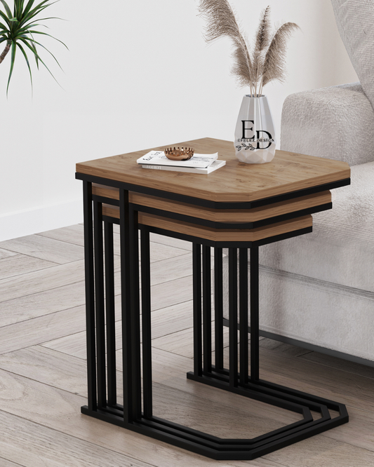 Table d’appoint gigogne Lyon (lot de 3) – Plateau bois clair, structure noire
