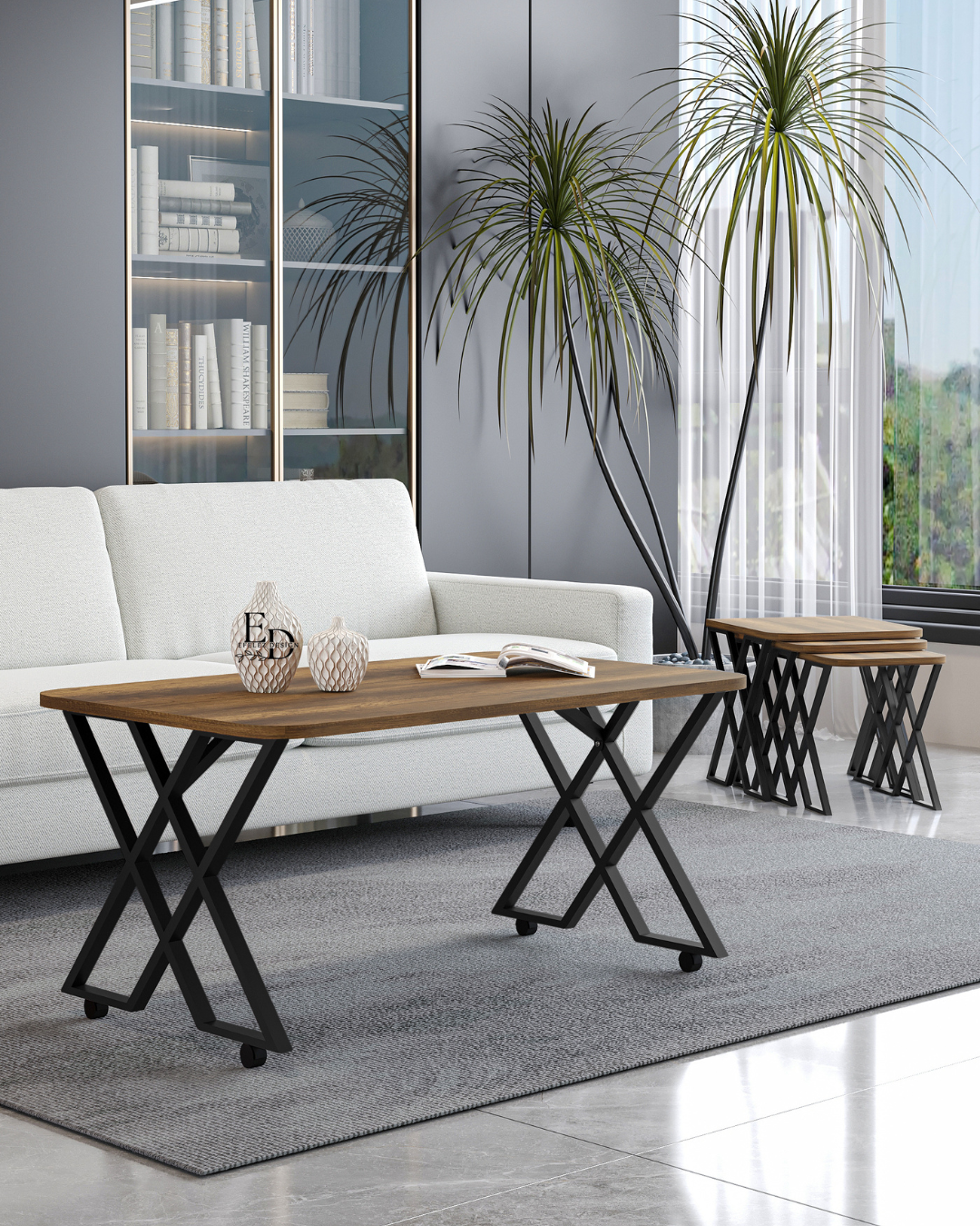 Table basse rectangulaire 100x60 cm – Plateau bois foncé et pieds noirs – Modèle Milano avec roulettes