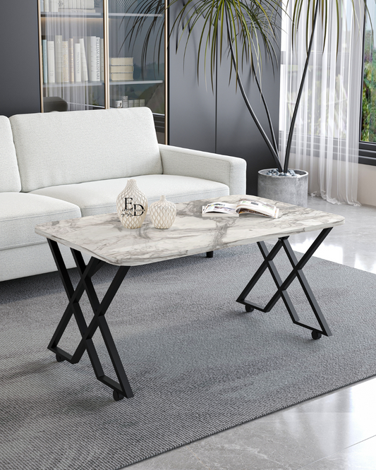 Table basse rectangulaire Milano 100x60 cm – Plateau marbre blanc & piètement noir à roulettes