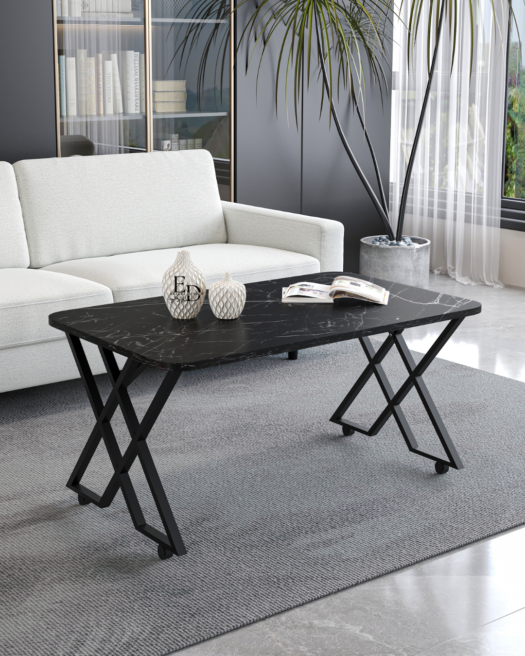 Table basse rectangulaire Milano 100x60 cm – Plateau marbre noir, pieds croisés métal noir – Avec roulettes ou bouchons – Design moderne