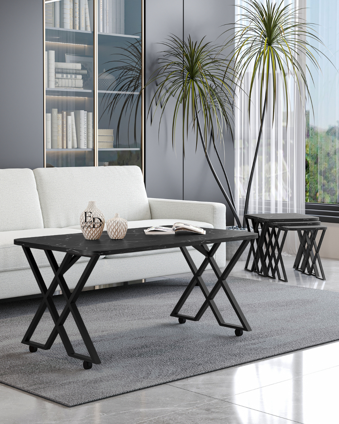 Table basse rectangulaire Milano 100x60 cm – Plateau marbre noir, pieds croisés métal noir – Avec roulettes ou bouchons – Design moderne