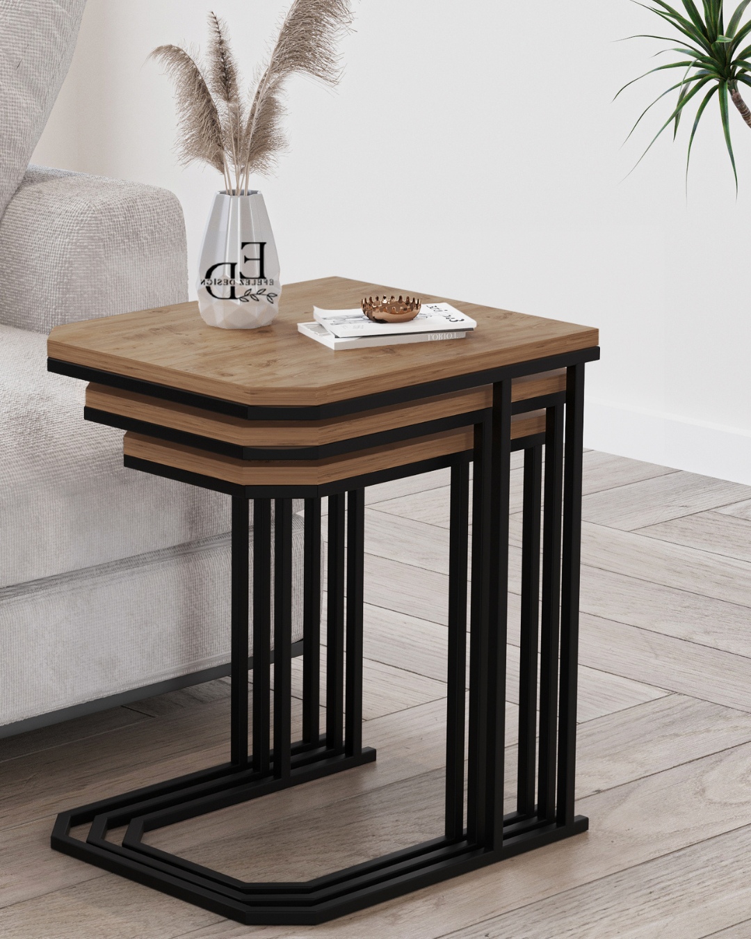Table d’appoint gigogne Lyon (lot de 3) – Plateau bois clair, structure noire