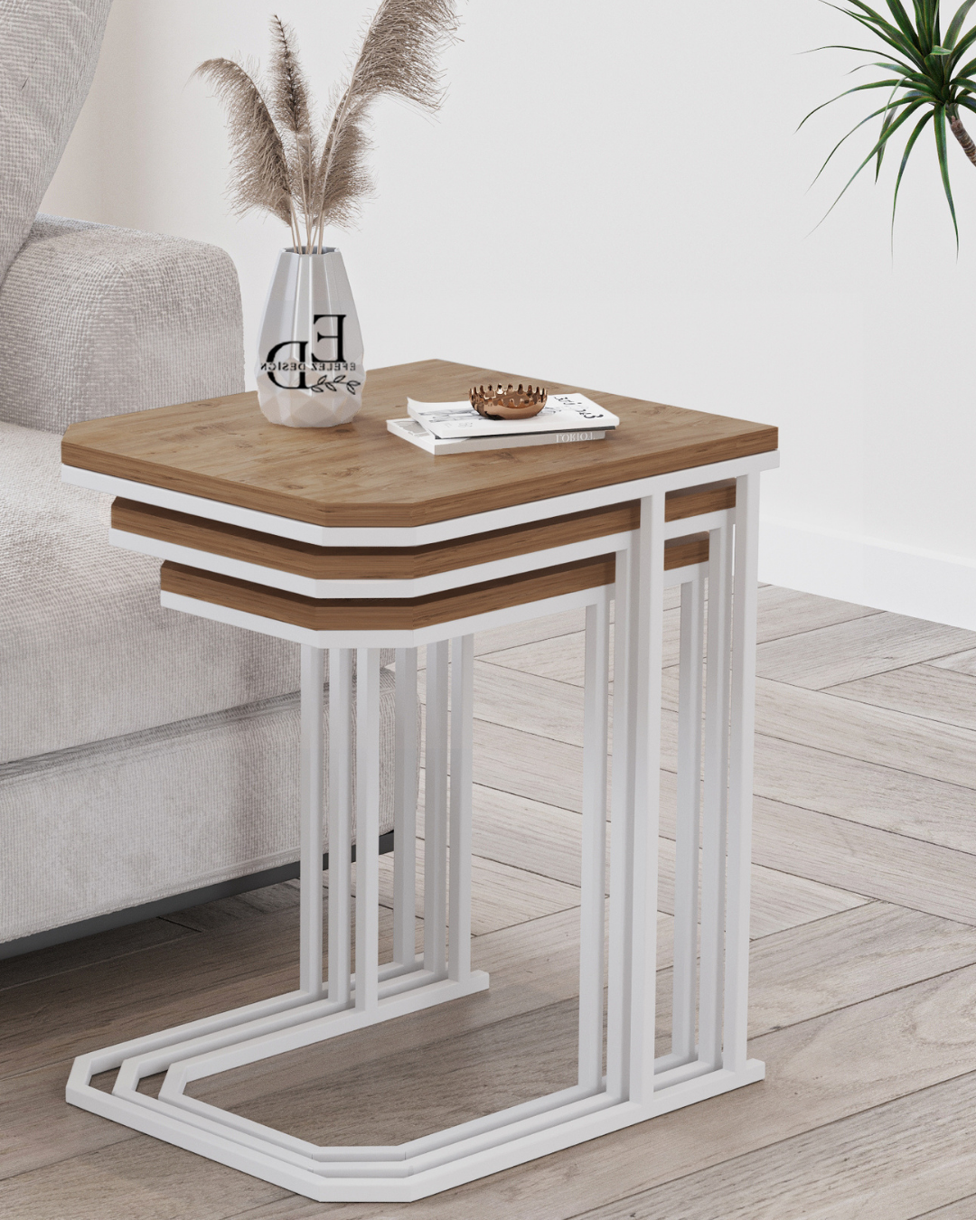 Tables d’appoint gigognes Lyon bois clair – structure blanche – lot de 3 – design moderne et fonctionnel