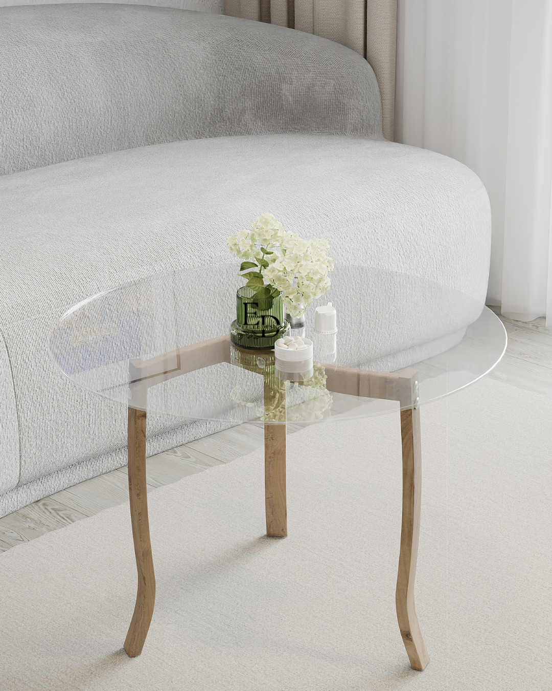 Table basse ronde BERLIN – Plateau en verre trempé 4 mm – Pieds en bois plaqué noyer – Design moderne et élégant pour salon – EMIDECO