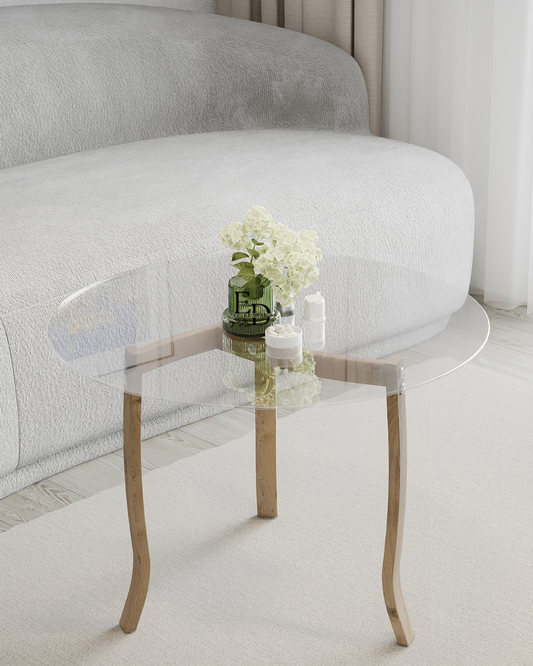 Table basse ronde BERLIN – Plateau en verre trempé 4 mm – Pieds en bois plaqué noyer – Design moderne et élégant pour salon – EMIDECO