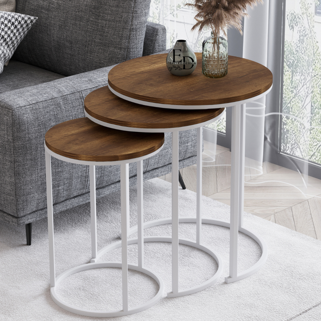 Tables d’appoint gigognes Paris – Lot de 3 – Bois foncé et structure blanche