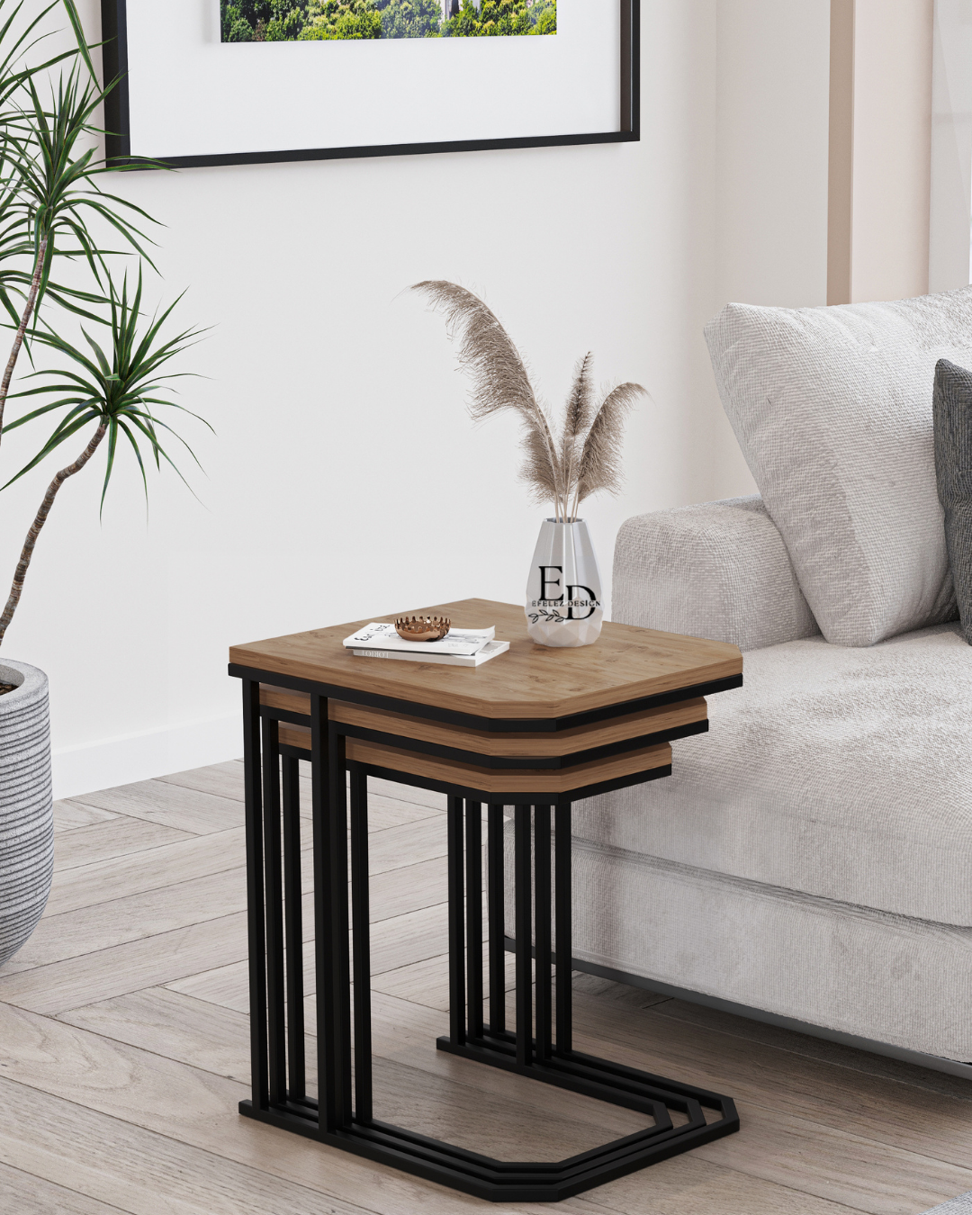 Table d’appoint gigogne Lyon (lot de 3) – Plateau bois clair, structure noire