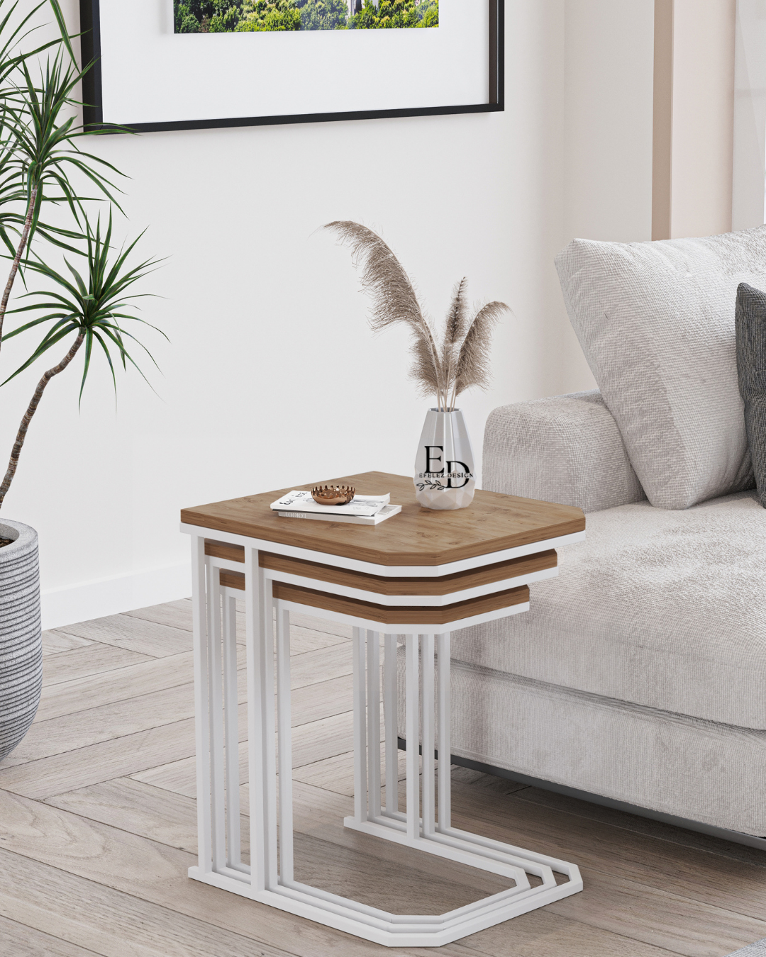Tables d’appoint gigognes Lyon bois clair – structure blanche – lot de 3 – design moderne et fonctionnel
