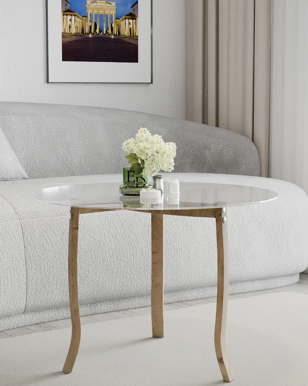 Table basse ronde BERLIN – Plateau en verre trempé 4 mm – Pieds en bois plaqué noyer – Design moderne et élégant pour salon – EMIDECO