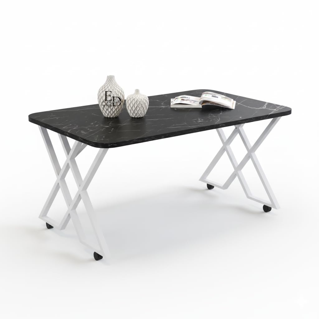 Table basse MILANO – Plateau marbre noir – Piètement X métal blanc – Roulettes ou bouchons