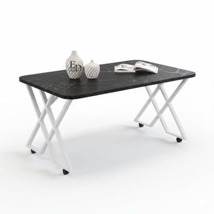 Table basse MILANO – Plateau marbre noir – Piètement X métal blanc – Roulettes ou bouchons