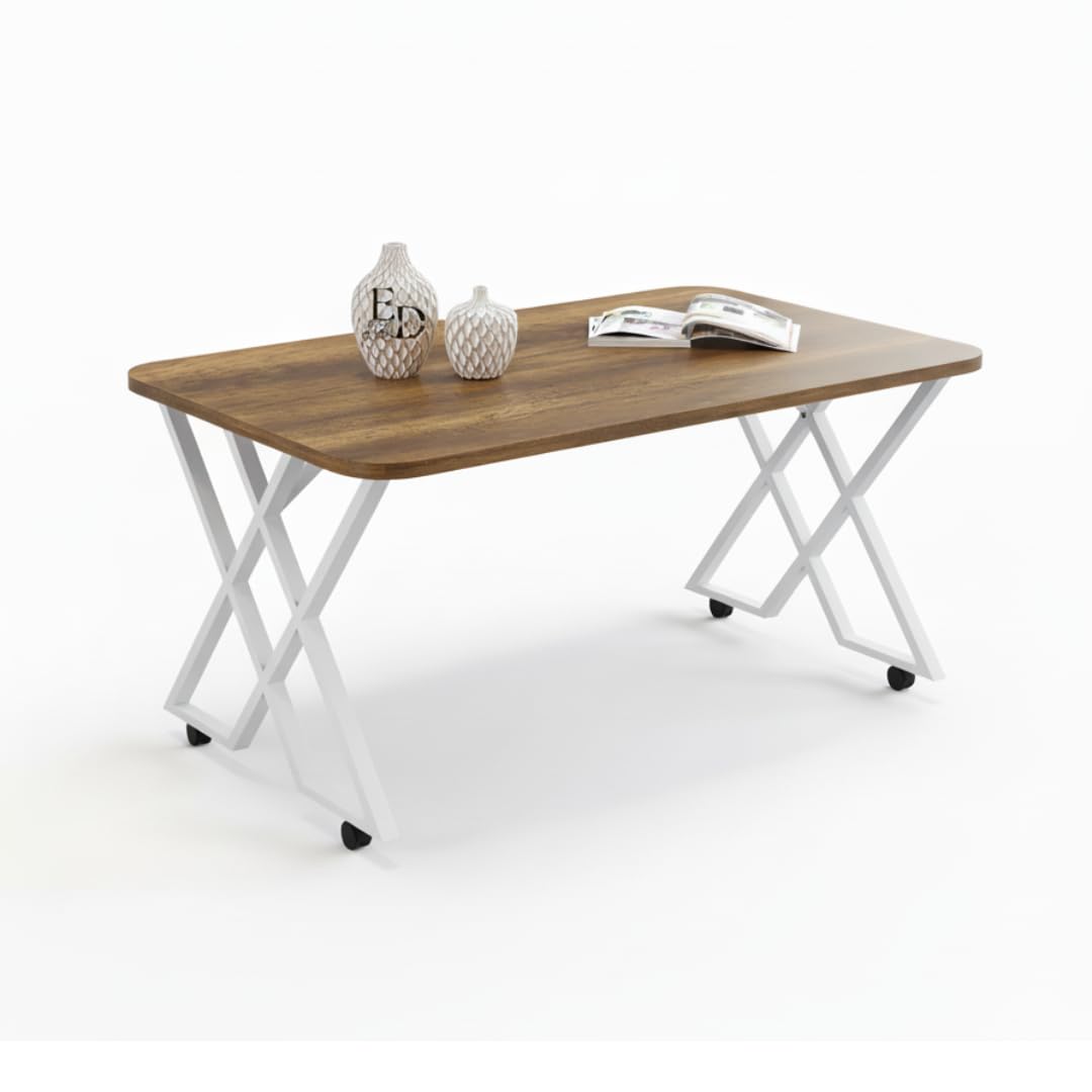 Table basse MILANO rectangulaire – Plateau bois foncé et structure métal blanche avec roulettes