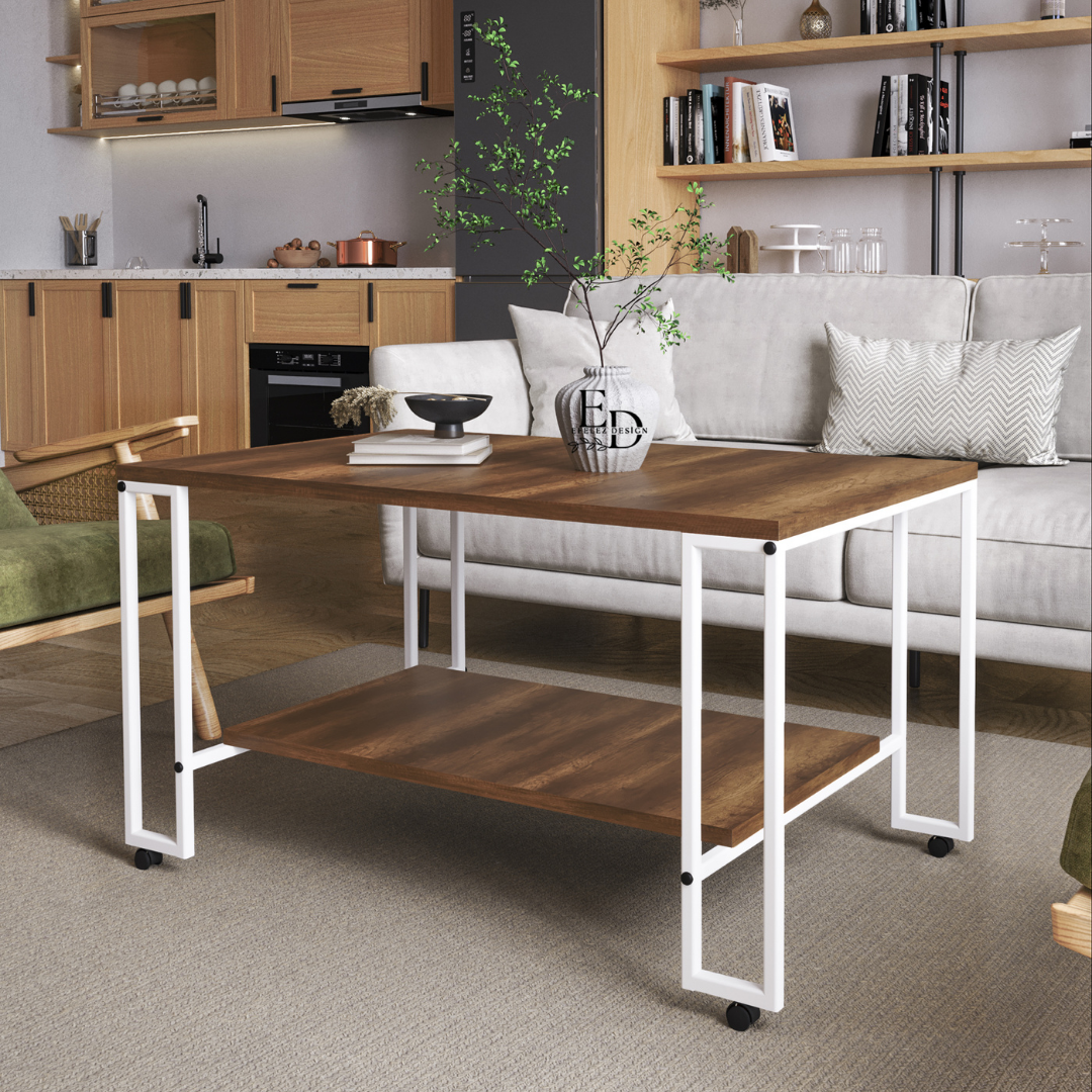 Table basse avec étagère Nury - Plateau bois foncé - Structure métal blanc - 100x60x52 cm - Emideco