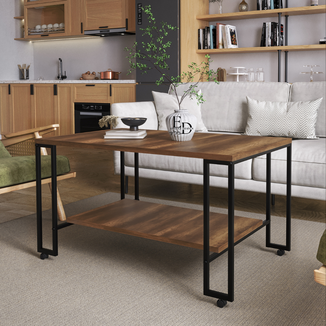 Table basse rectangulaire Nury – plateau bois foncé, structure noire, roulettes et étagère