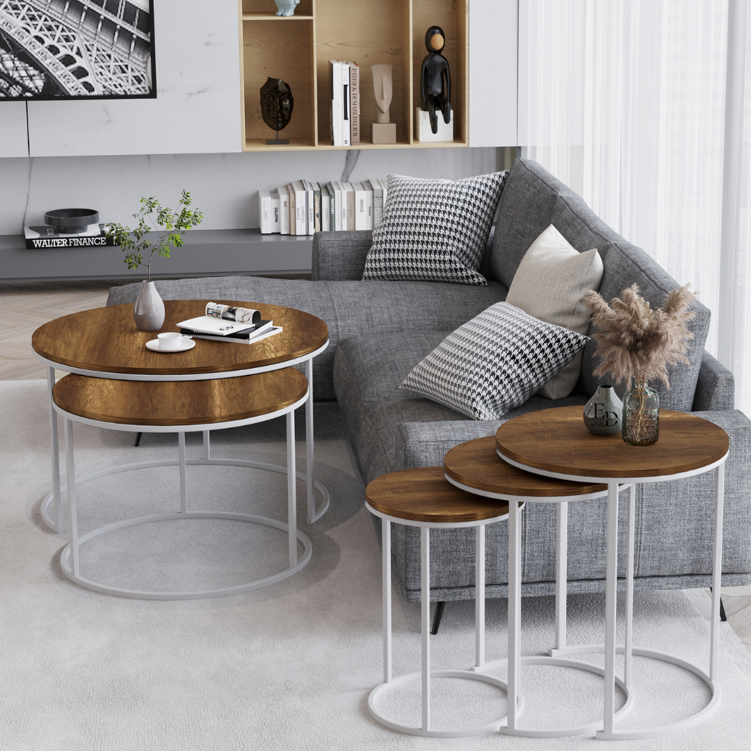 Tables d’appoint gigognes Paris – Lot de 3 – Bois foncé et structure blanche