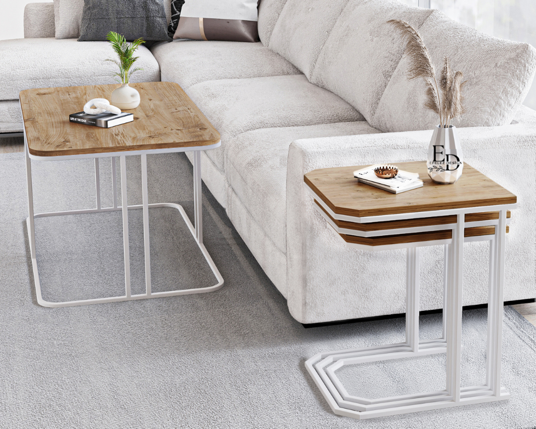 Tables d’appoint gigognes Lyon bois clair – structure blanche – lot de 3 – design moderne et fonctionnel