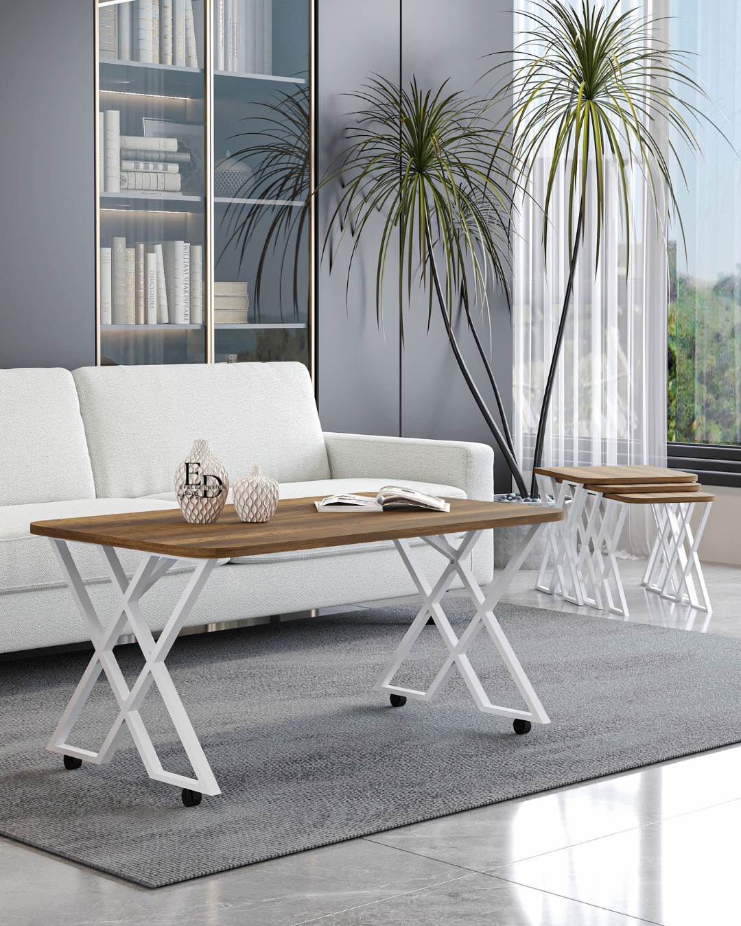 Table basse rectangulaire design MILANO – Bois foncé et structure blanche – 100x60x50 cm – avec roulettes ou bouchons