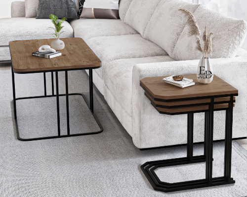 Table d’appoint gigogne Lyon (lot de 3) – Plateau bois clair, structure noire