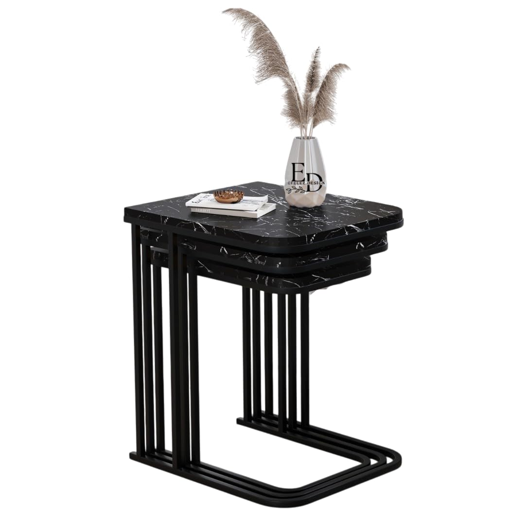 Tables d’appoint gigognes Lyon – Lot de 3 – Marbre noir – Métal noir
