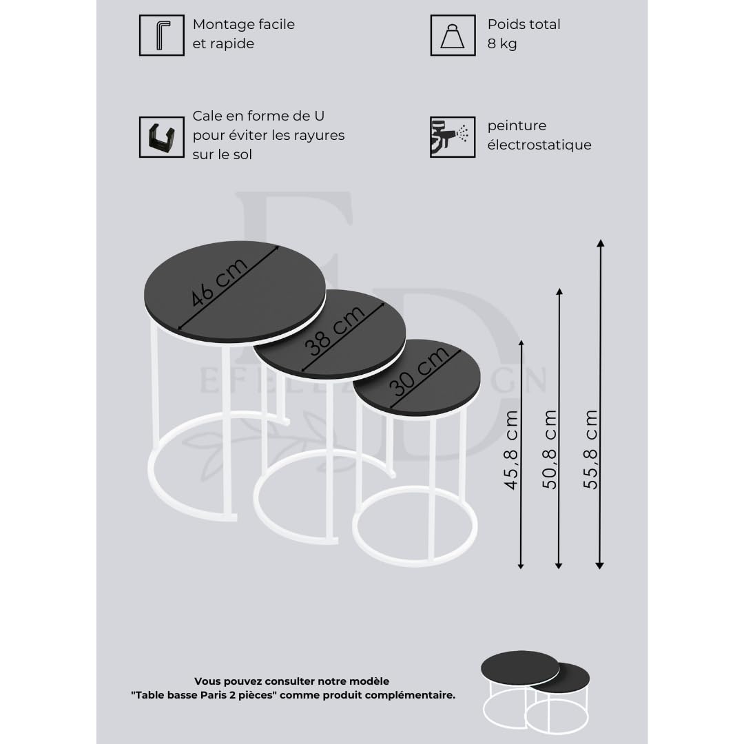 Tables d’appoint gigognes rondes Paris lot de 3 bois foncé structure métal blanc