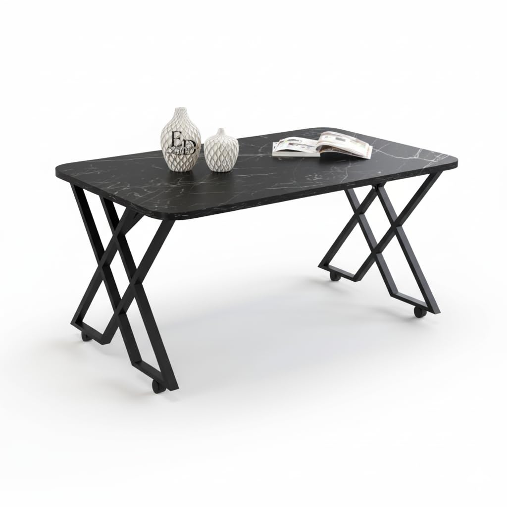 Table basse MILANO – Plateau marbre noir – Piètement X métal noir – Roulettes ou bouchons