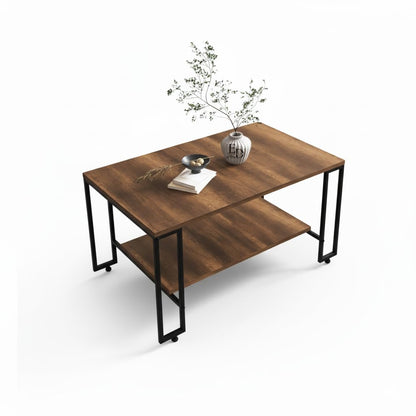 Table basse rectangulaire Nury avec étagère, plateau bois foncé, structure métal noir