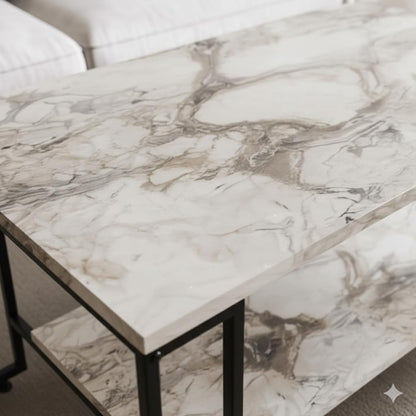 Table basse rectangulaire Nury avec étagère, plateau marbre blanc, structure métal noir