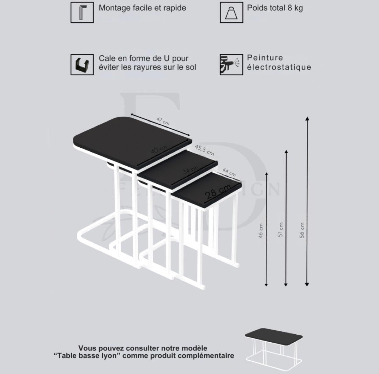 Tables d’appoint gigognes Lyon – Lot de 3 – Marbre blanc – Métal blanc