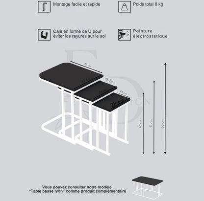 Tables d’appoint gigognes Lyon – Lot de 3 – Marbre noir – Métal noir