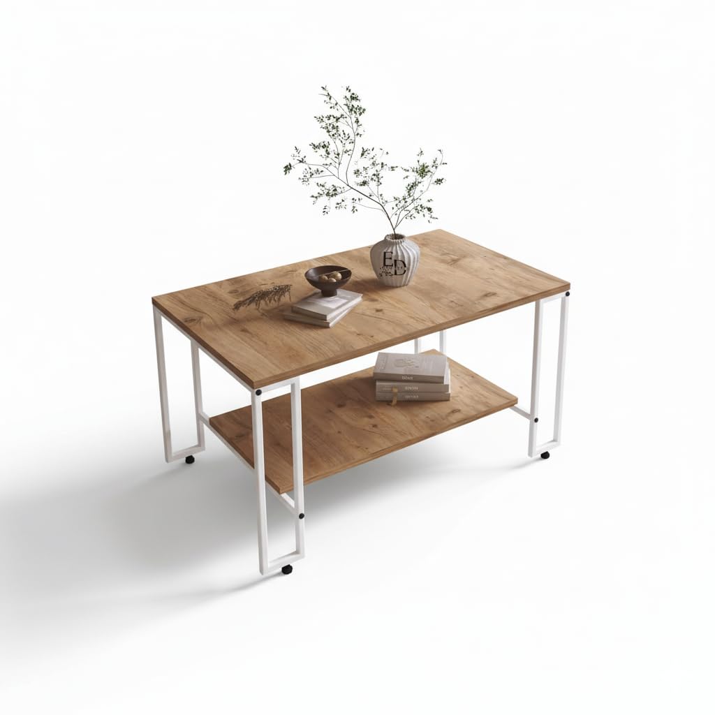 Table basse rectangulaire Nury avec étagère, plateau effet bois, structure métal blanc