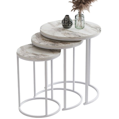 Tables d’appoint gigognes rondes Paris lot de 3 marbre blanc structure métal blanc
