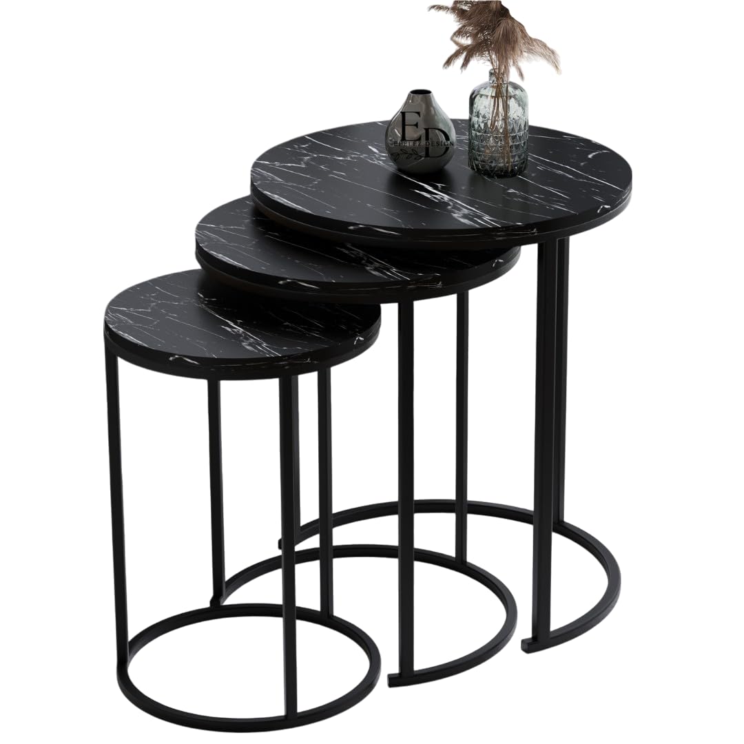 Tables d’appoint gigognes rondes Paris lot de 3 marbre noir structure métal noir