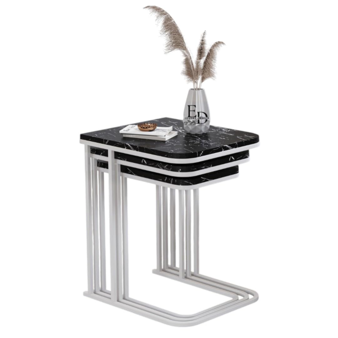 Tables d’appoint gigognes Lyon – Lot de 3 – Marbre noir – Métal blanc