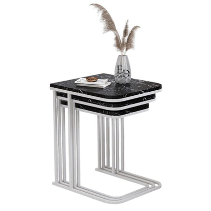 Tables d’appoint gigognes Lyon – Lot de 3 – Marbre noir – Métal blanc