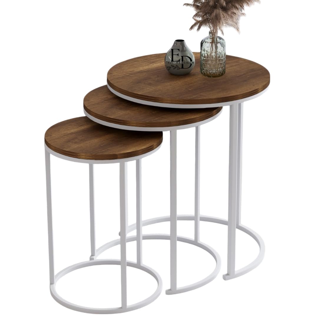 Tables d’appoint gigognes rondes Paris lot de 3 bois foncé structure métal blanc