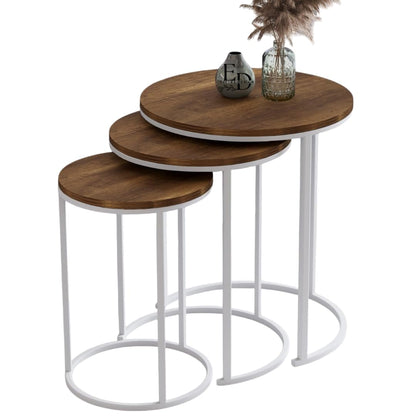 Tables d’appoint gigognes rondes Paris lot de 3 bois foncé structure métal blanc