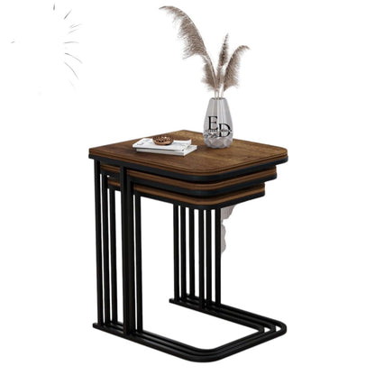 Tables d’appoint gigognes Lyon – Lot de 3 – Bois foncé – Métal noir