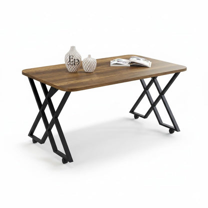 Table basse MILANO – Plateau bois foncé – Piètement X métal noir – Roulettes ou bouchons